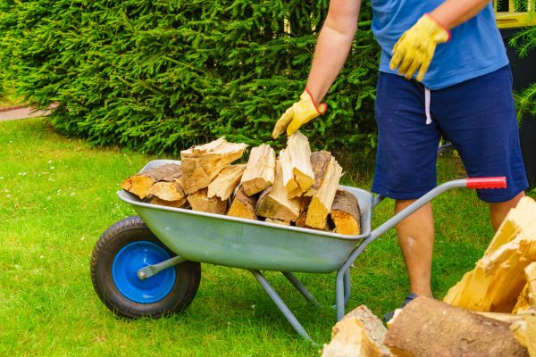 Man loading firewood on wheelbarrow
