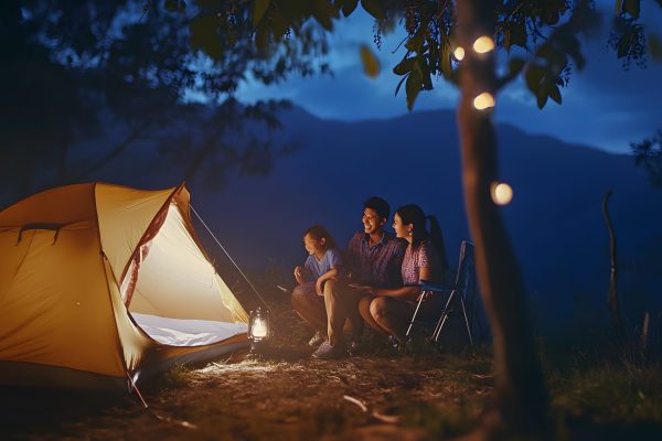 Family of three enjoys a cozy night camping under a starry sky by their bright yellow tent.